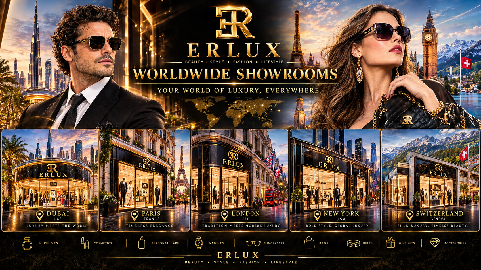ERLUX Worldwide Showrooms — Dubai UAE, Paris France, London UK, New York USA, Switzerland Geneva. Your World of Luxury, Everywhere. Beauty • Style • Fashion • Lifestyle.